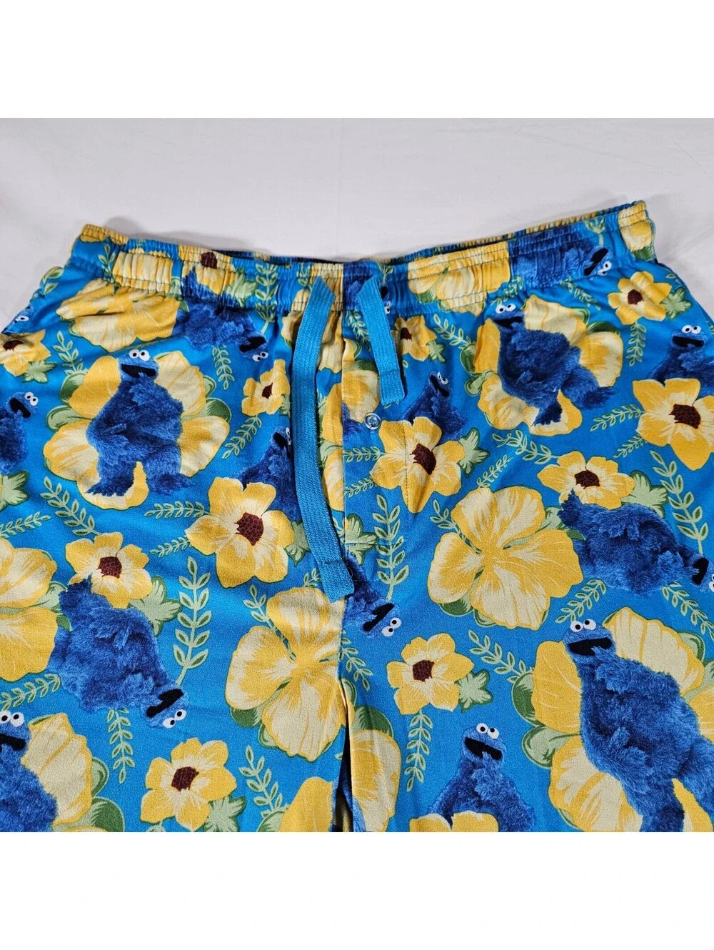 Sesame Street Cookie Monster Pajama Pants Mens XL Tropical Floral Hibiscus Blue